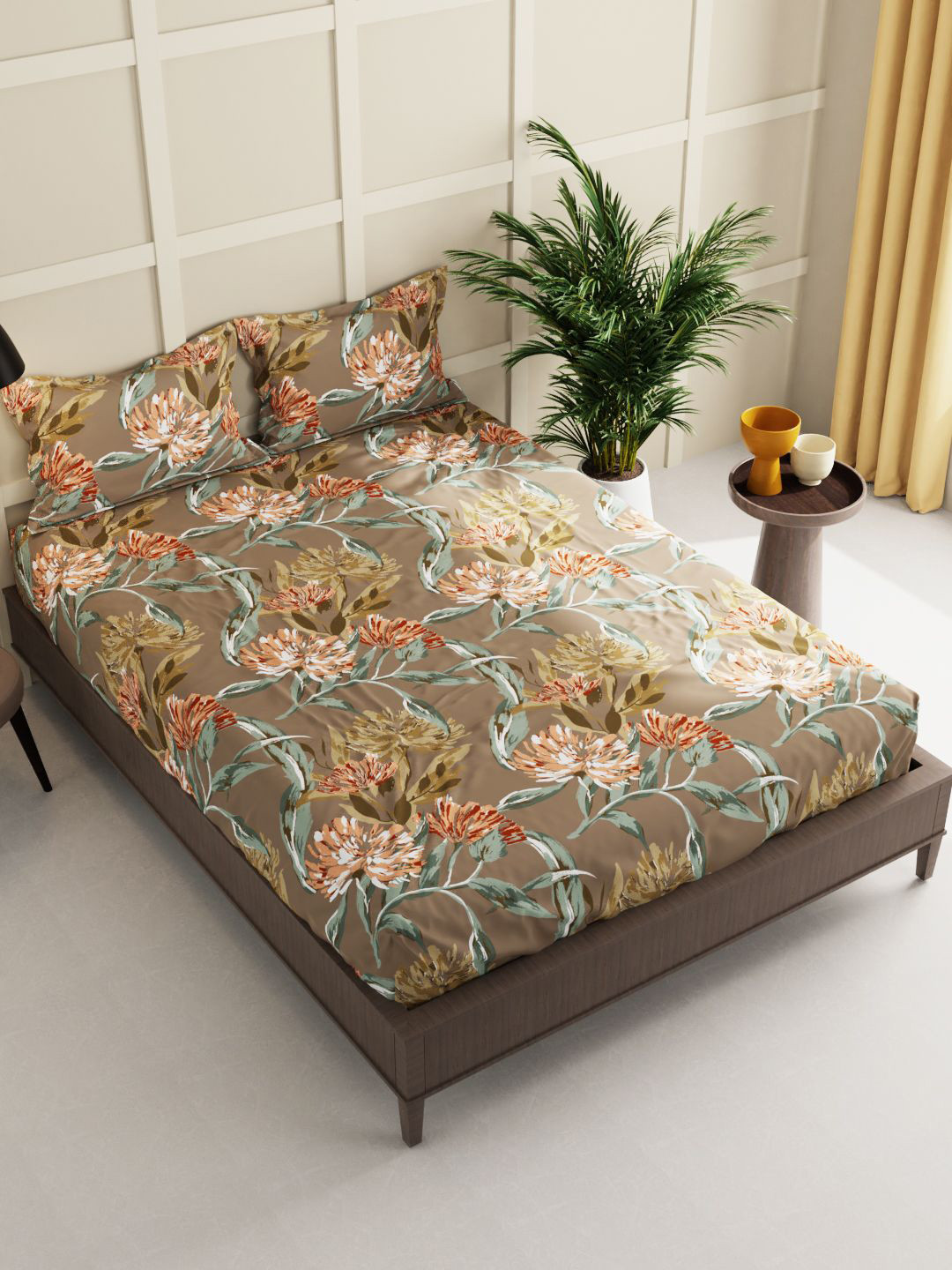 

KOPA Brown & Green Floral 150 TC Queen Bedsheet with 2 Pillow Covers