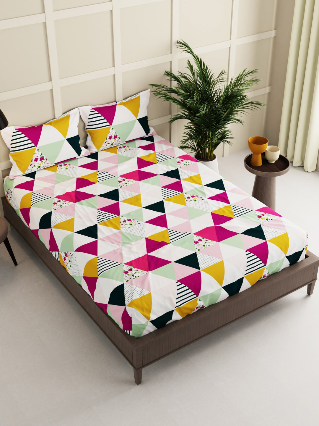 

KOPA White & Pink Geometric 150 TC Queen Bedsheet with 2 Pillow Covers