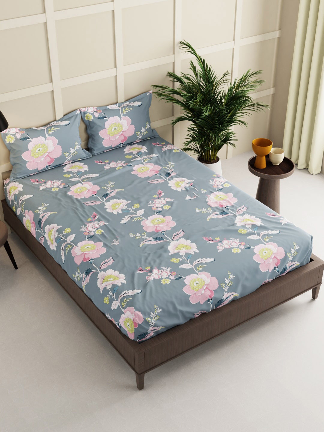 

BIANCA Grey & Pink Floral 150 TC Queen Bedsheet with 2 Pillow Covers