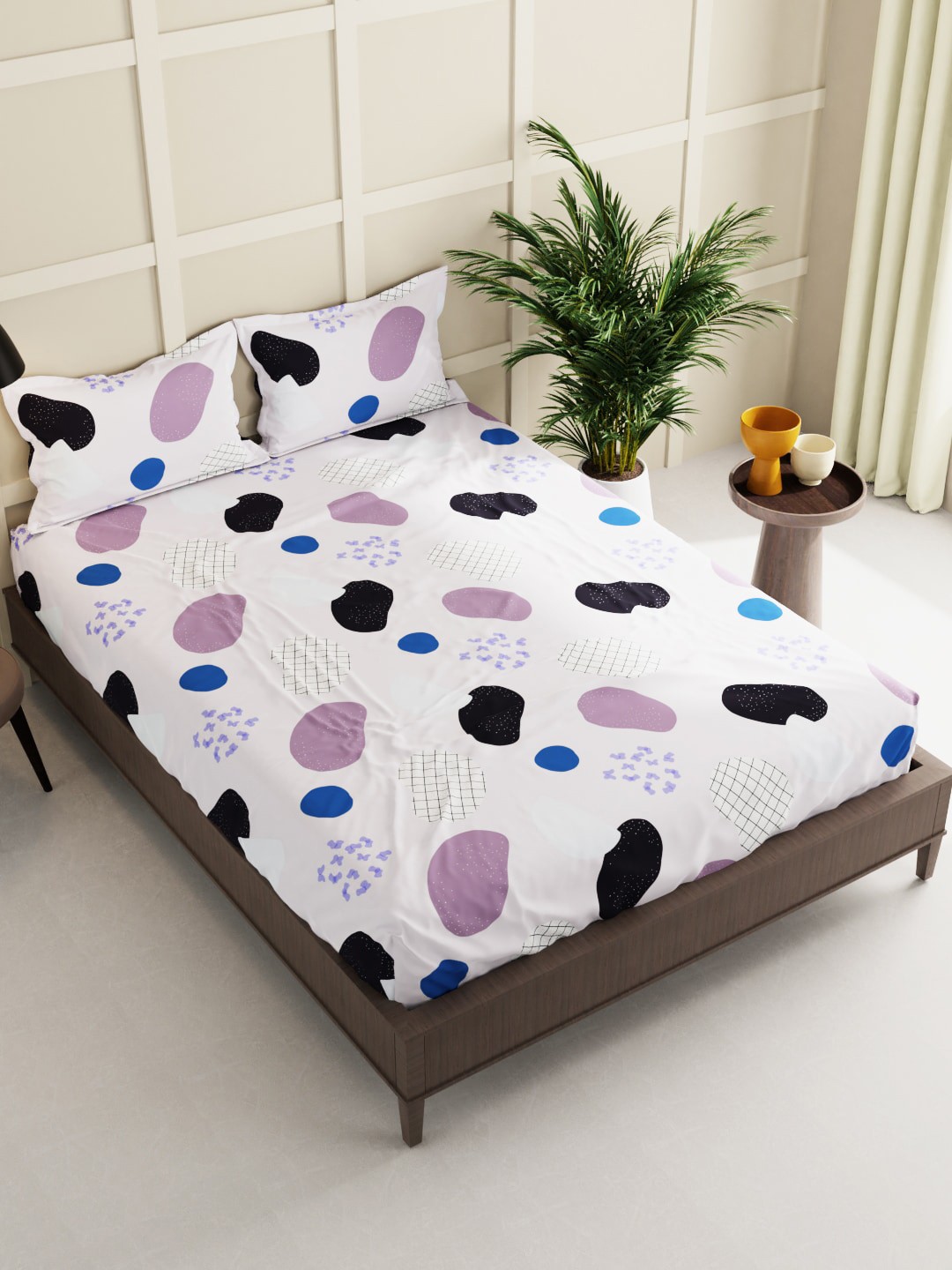 

BIANCA White & Purple Conversational 150 TC Queen Bedsheet with 2 Pillow Covers