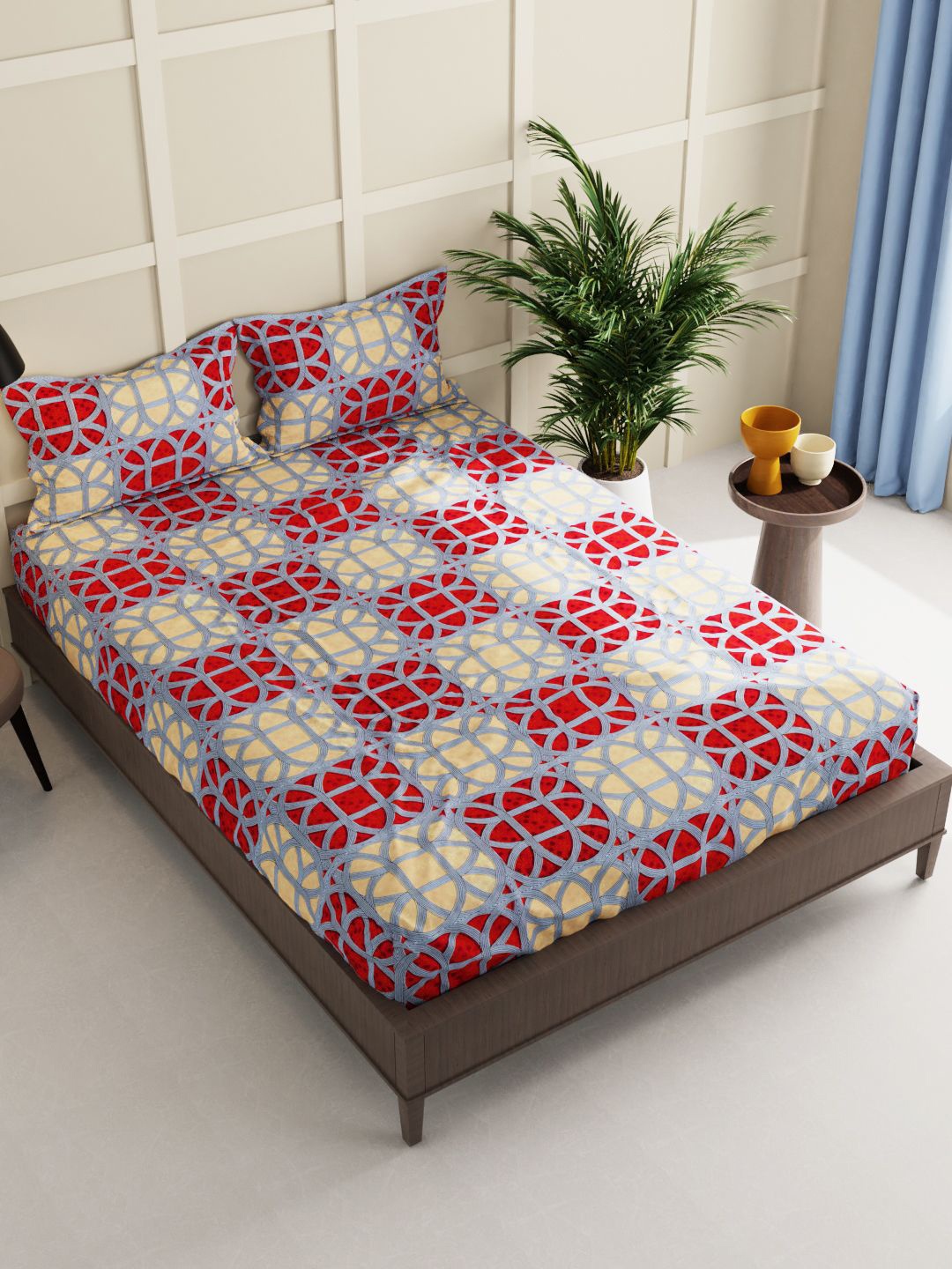 

BIANCA Grey & Red 3 Piece Set Geometric 150 TC Queen Bedsheet With 2 Pillow Covers