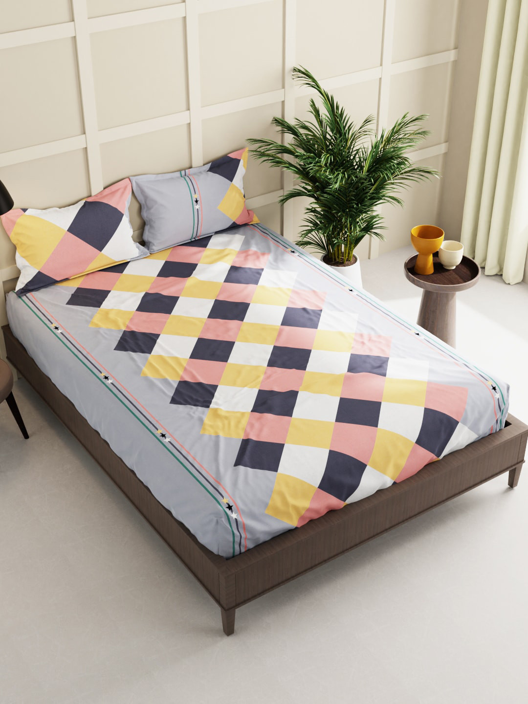 

BIANCA Grey & Mustard Geometric 150 TC Queen Bedsheet with 2 Pillow Covers