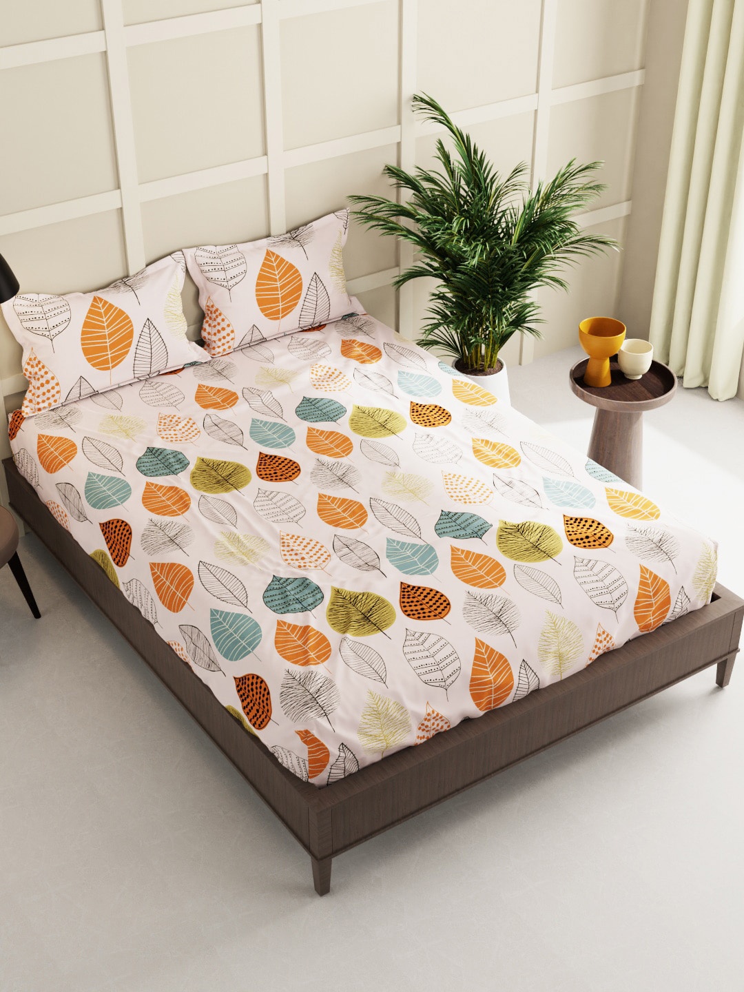 

BIANCA Peach-Coloured & Orange Floral 150 TC Queen Bedsheet with 2 Pillow Covers