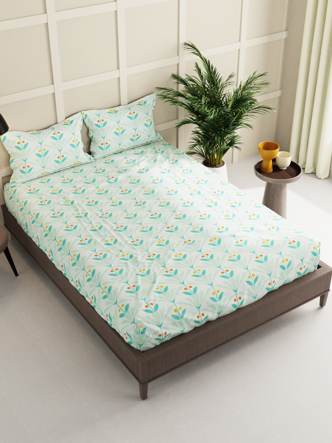 

BIANCA Green & Blue Floral 150 TC Queen Bedsheet with 2 Pillow Covers