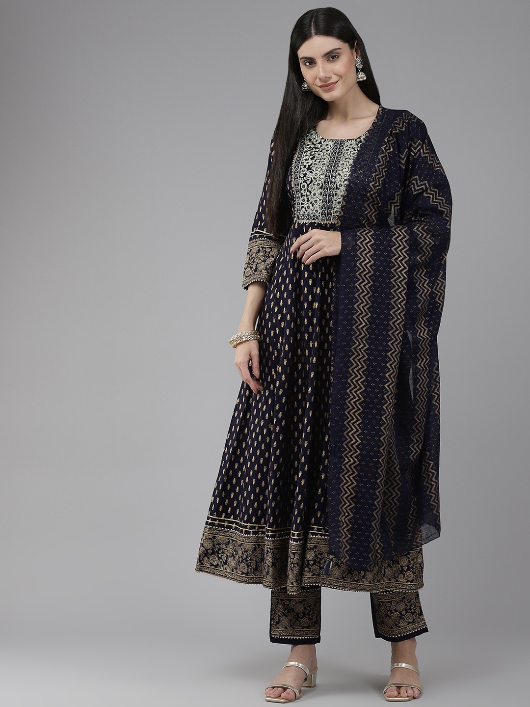 

Yufta Women Navy Blue Ethnic Motifs Printed Embroidered Kurta with Trousers & Dupatta