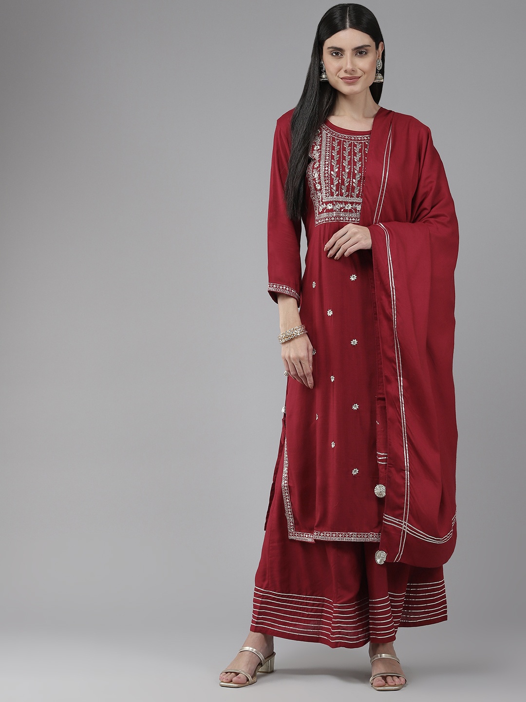 

Yufta Women Maroon Ethnic Motifs Embroidered Kurta with Sharara & With Dupatta