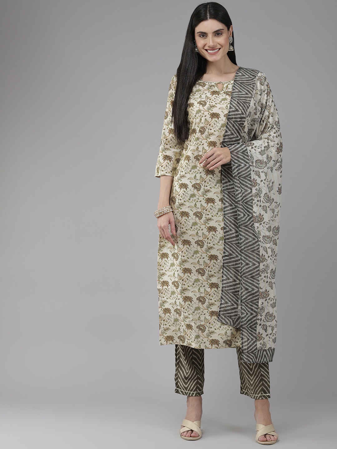 

Yufta Women Beige Ethnic Motifs Printed Sequinned Kurta with Trousers & Dupatta