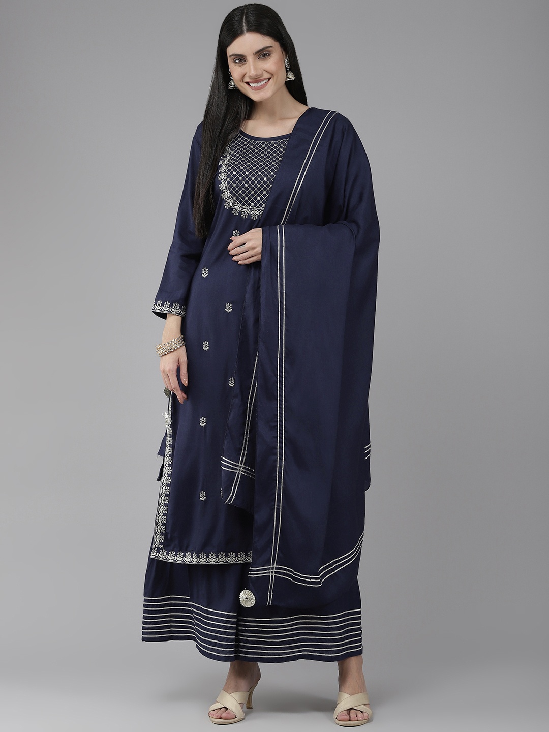 

Yufta Women Navy Blue Ethnic Motifs Embroidered Kurta with Sharara & Dupatta