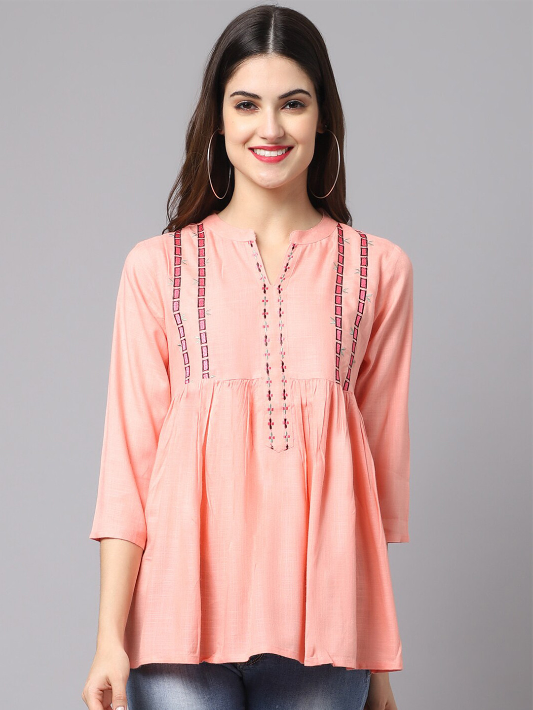 

ANAISA Women Pink Geometric Embroidered Mandarin Collar Top