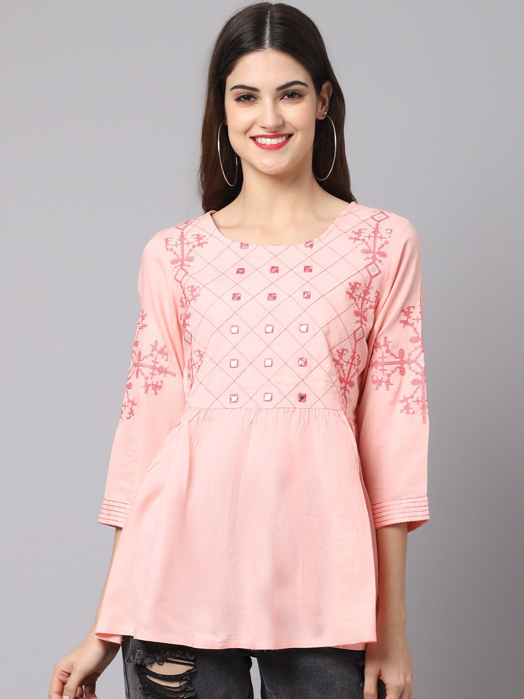 

ANAISA Pink & Maroon Geometric Embroidered Empire Longline Top