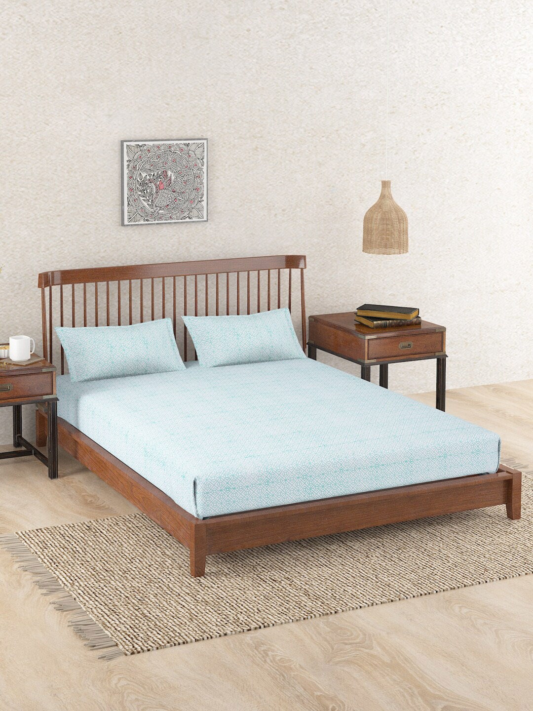 

Fabindia Teal & White Geometric 180 TC Queen Bedsheet with Pillow Covers