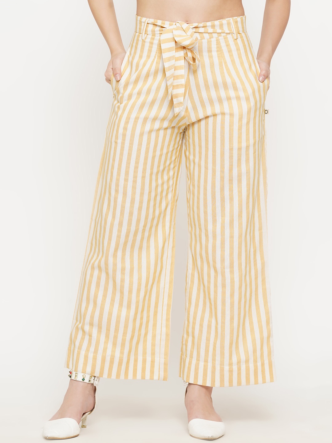 

FABNEST Women Yellow Striped Relaxed Loose Fit Low-Rise Trousers