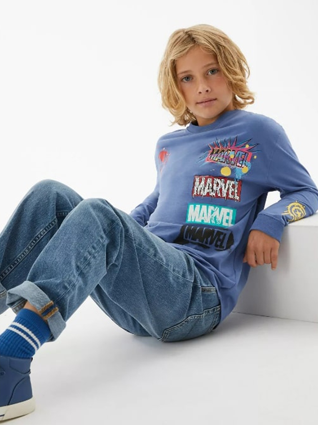 

Marks & Spencer Boys Blue & Red Printed Pure Cotton T-shirt