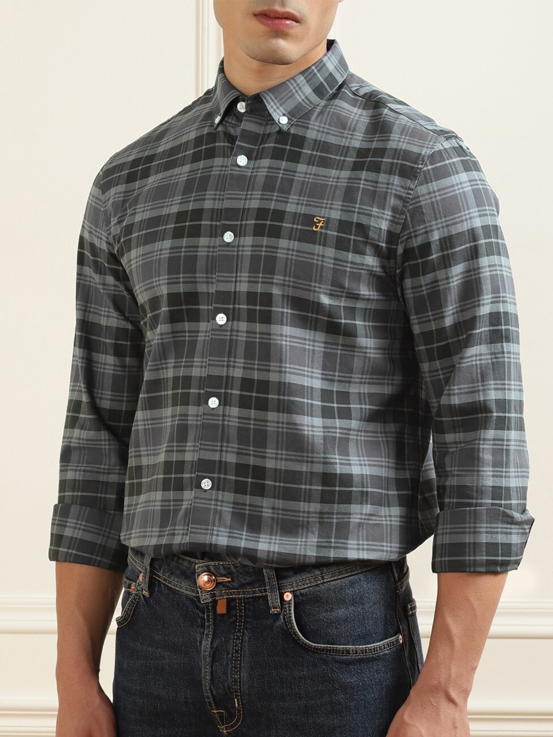 

Farah Men Grey Tartan Checks Checked Casual Shirt