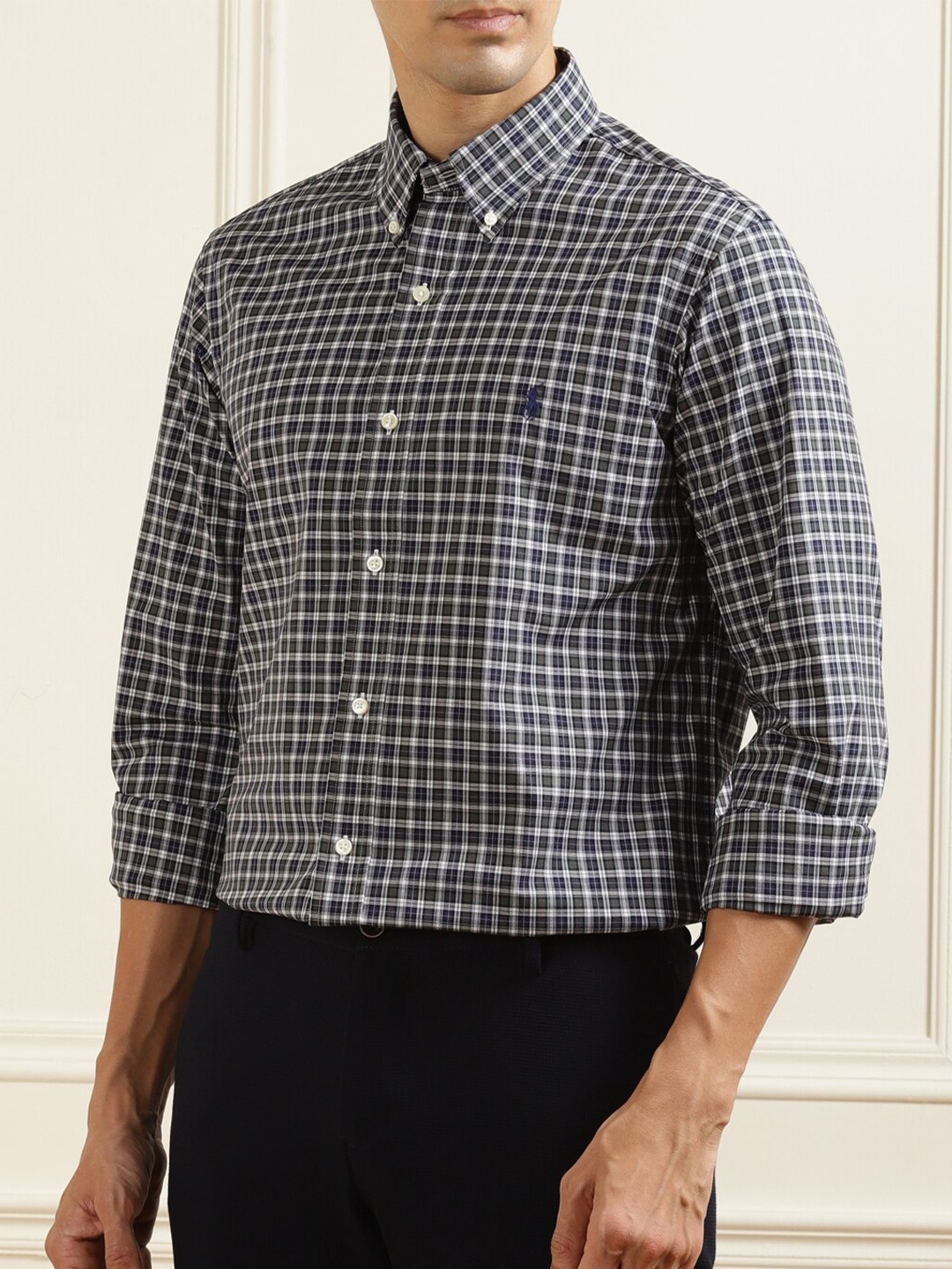 

Polo Ralph Lauren Men Navy Blue All-Over Checked Logo Embroidered Casual Shirt