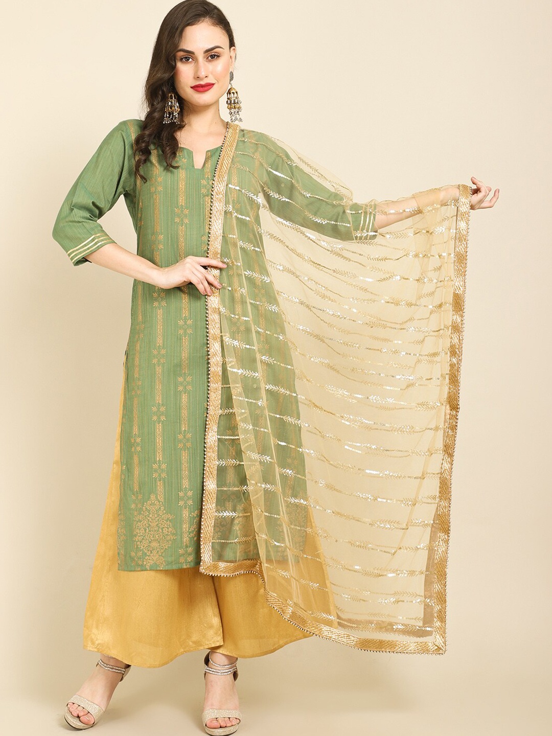 

Miaz Lifestyle Gold-Toned Woven Design Leheriya Dupatta with Zari