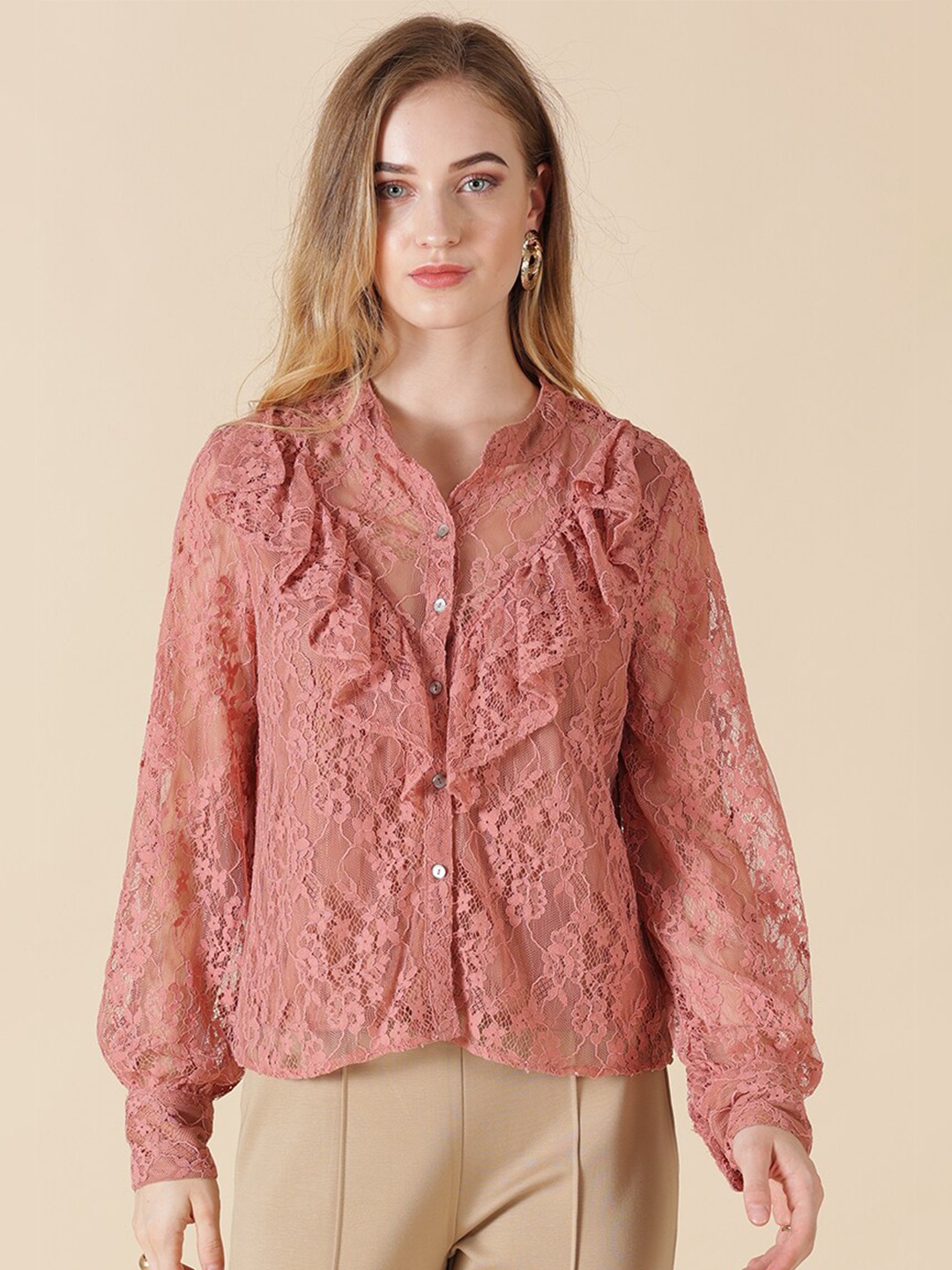 

Gipsy Women Peach-Coloured Mandarin Collar Ruffles Shirt Style Top