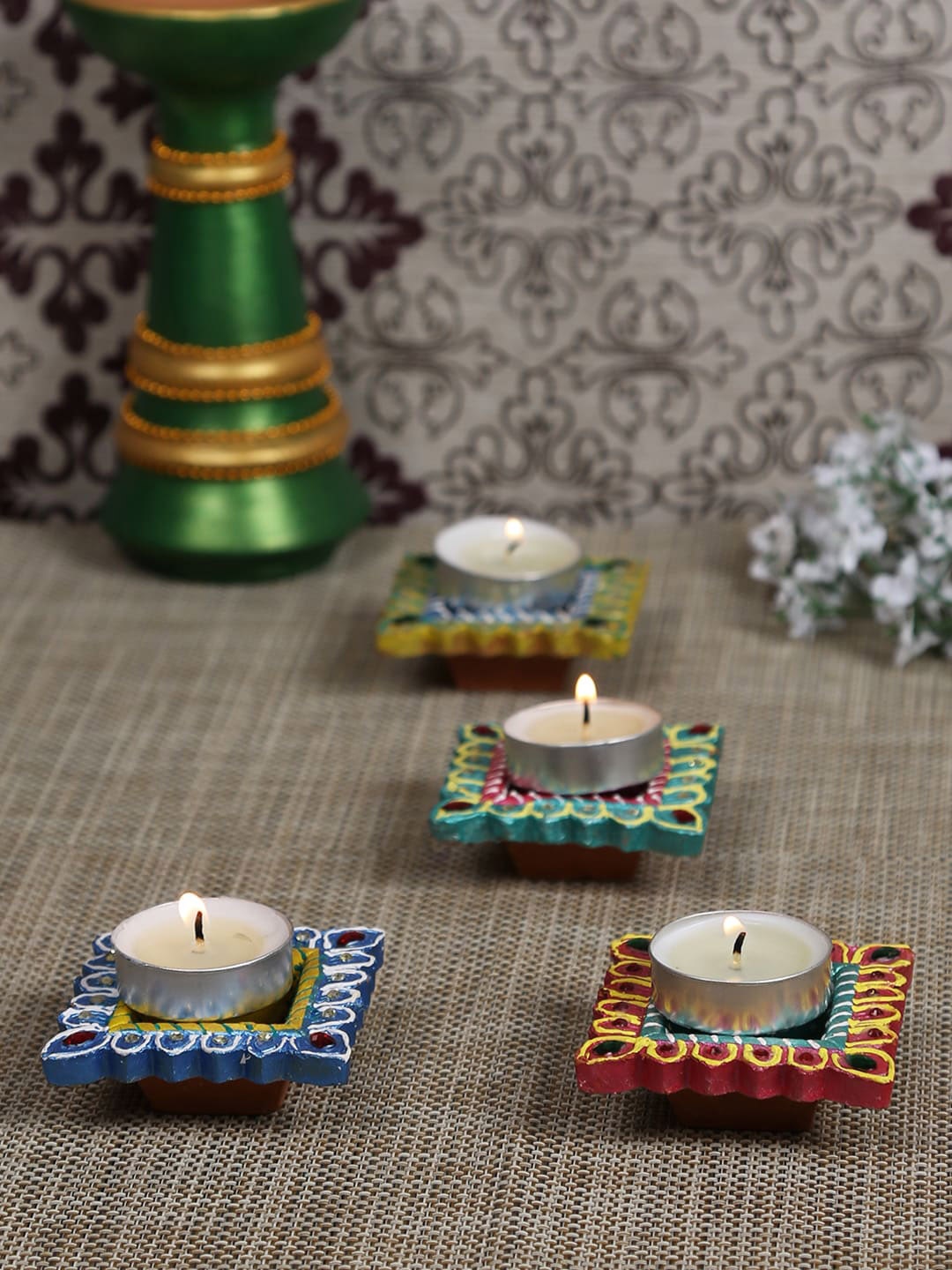 

Aapno Rajasthan Set Of 4 Hand Painted Terracotta Diya, Multi