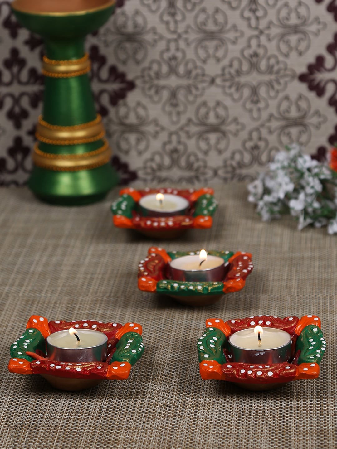 

Aapno Rajasthan Set Of 4 Handcrafted Square-Shaped Terracotta Diya, Red
