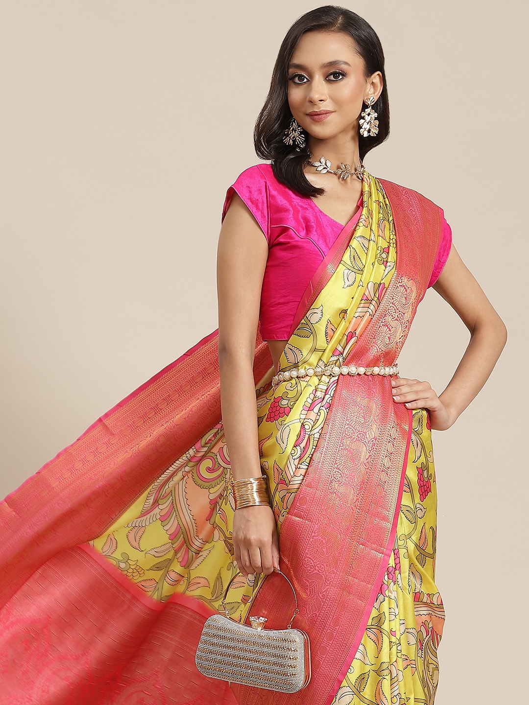 

Silk Land Ethnic Motifs Banarasi Silk Woven With Digital Print Saree, Yellow