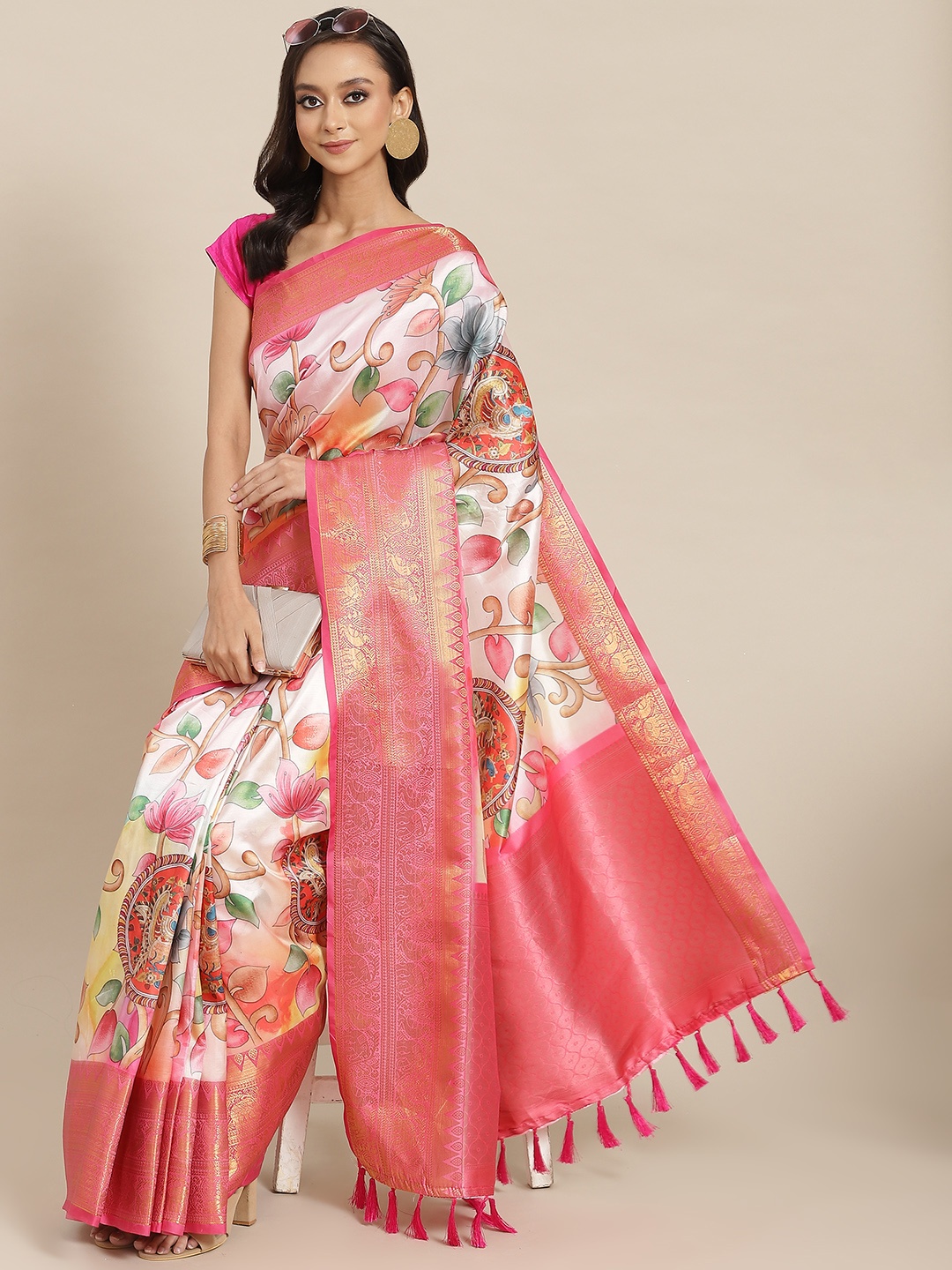 

Silk Land Banaras Art Silk Woven With Digital Print Saree, White