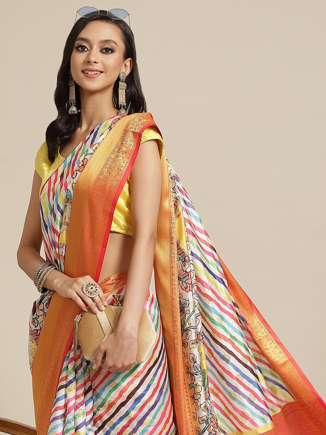 

Silk Land White & Orange Ethnic Motifs Zari Art Silk Banarasi Saree