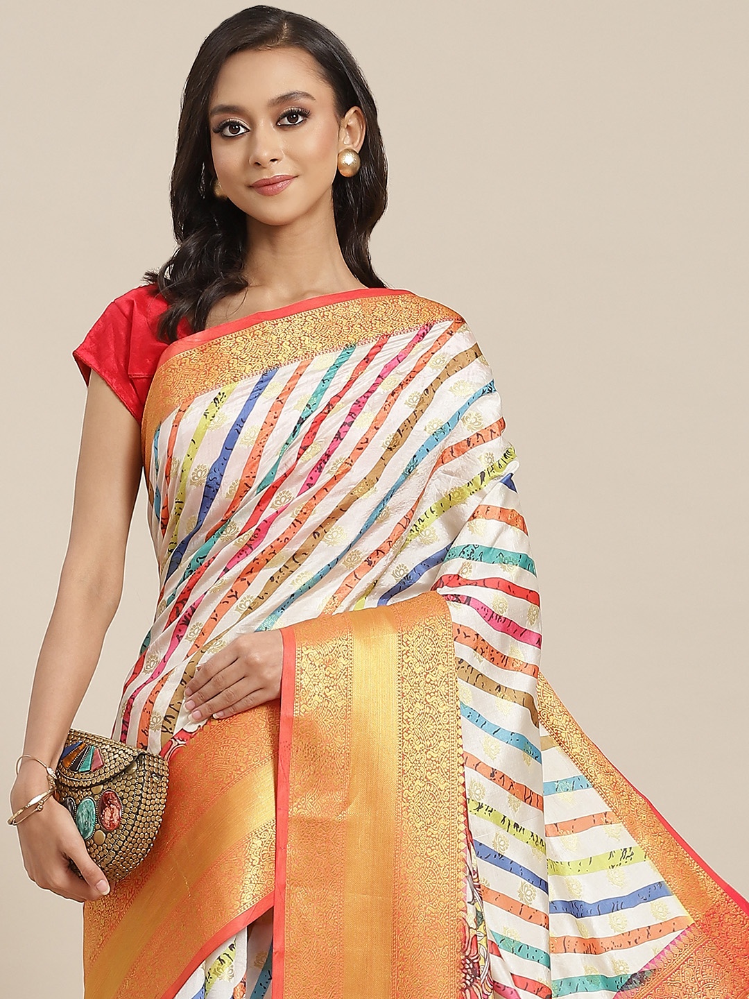 

Silk Land Peach-Coloured & Blue Floral Zari Art Silk Banarasi Saree
