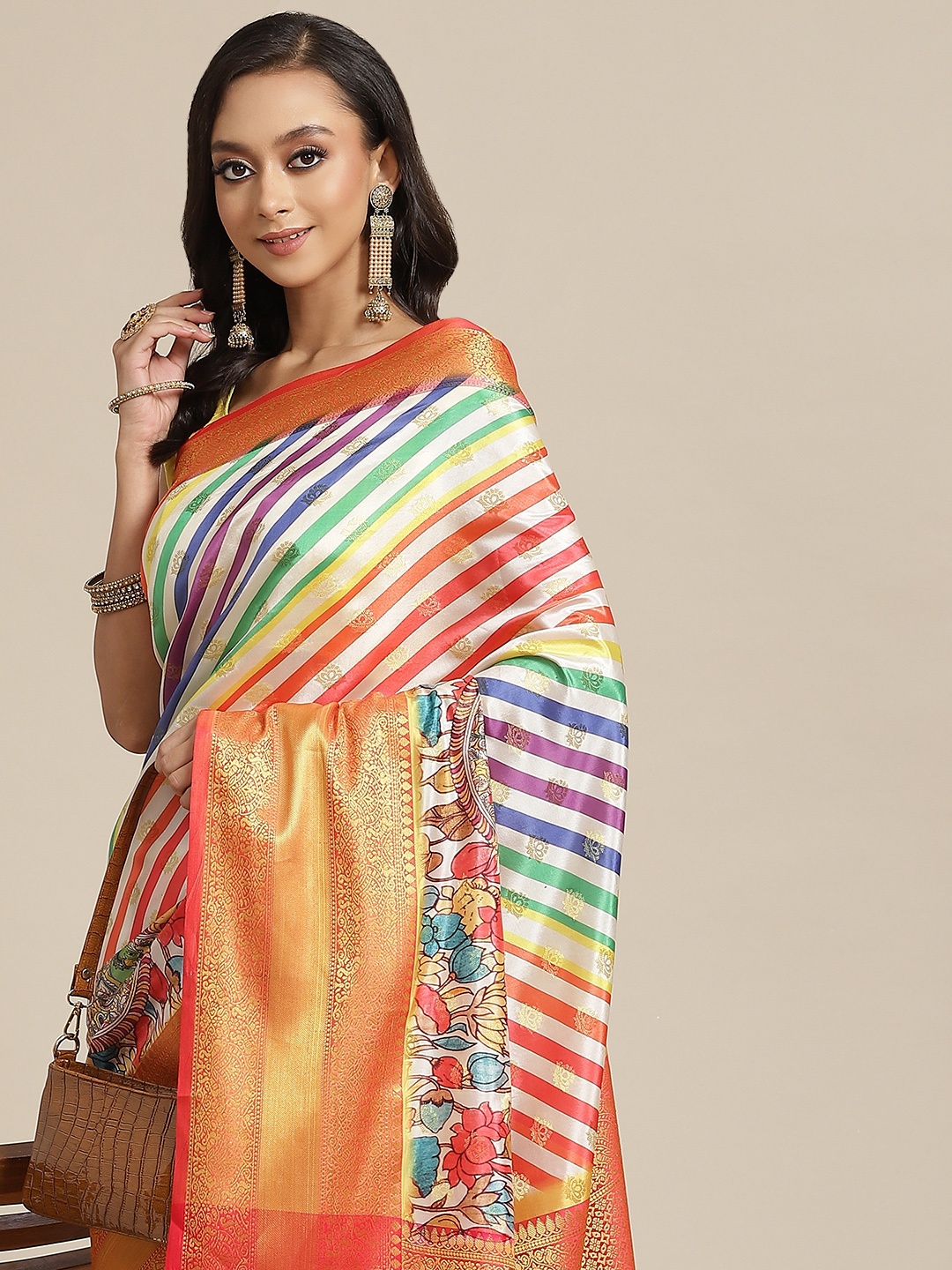 

Silk Land White & Orange Ethnic Motifs Zari Art Silk Banarasi Saree