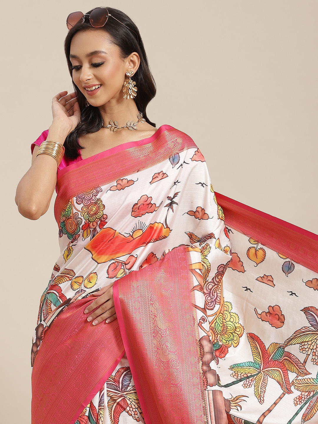 

Silk Land White & Pink Ethnic Motifs Zari Art Silk Banarasi Saree