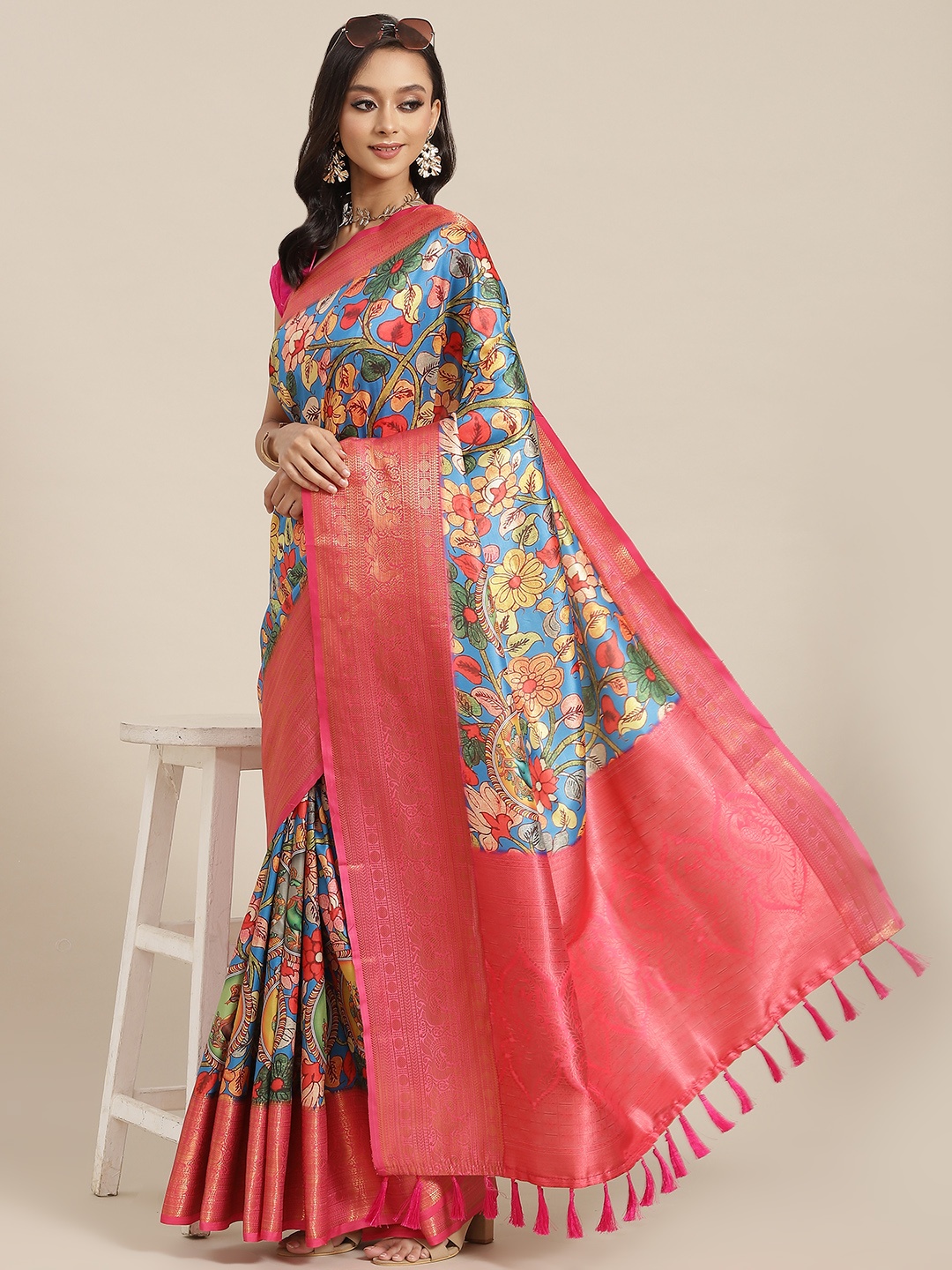 

Silk Land Ethnic Motifs Banarasi Silk Woven With Digital Print Saree, Blue
