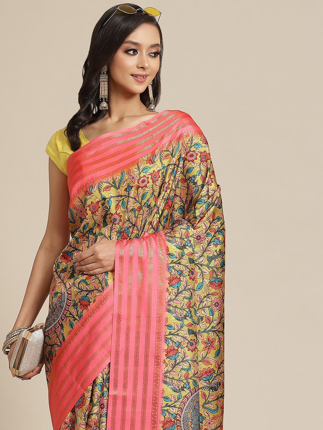 

Silk Land Mustard Yellow & Peach-Coloured Ethnic Motifs Zari Art Silk Banarasi Saree