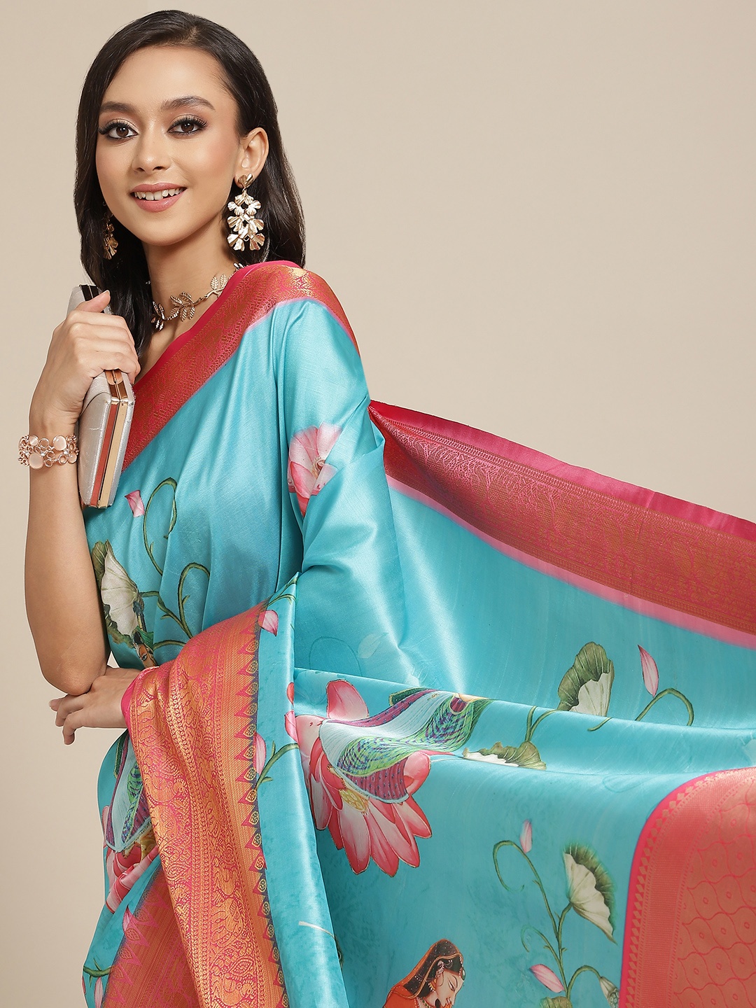 

Silk Land Ethnic Motifs Banarasi Silk Woven With Digital Print Saree, Blue