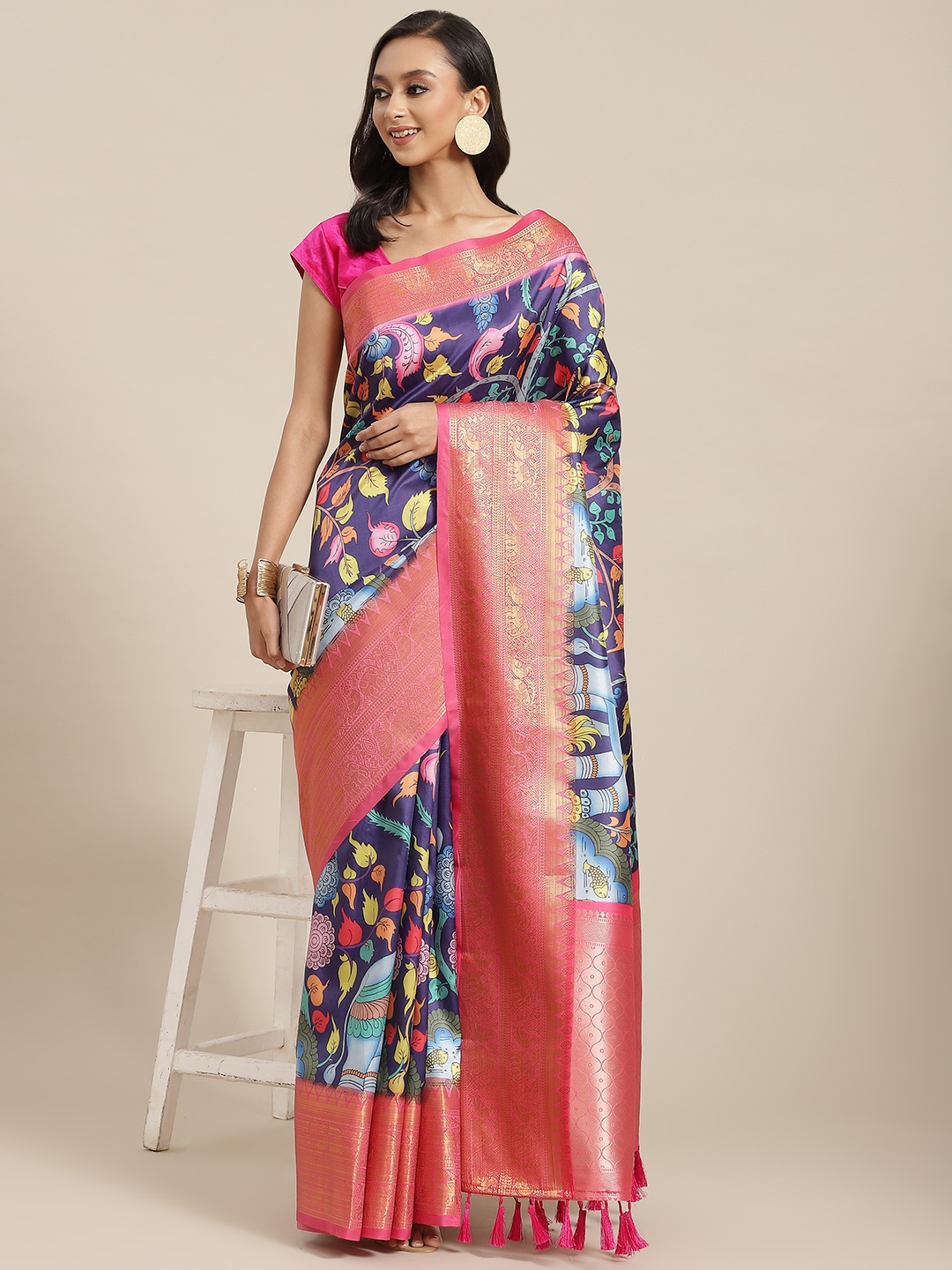 

Silk Land Navy Blue & Pink Ethnic Motifs Zari Art Silk Banarasi Saree