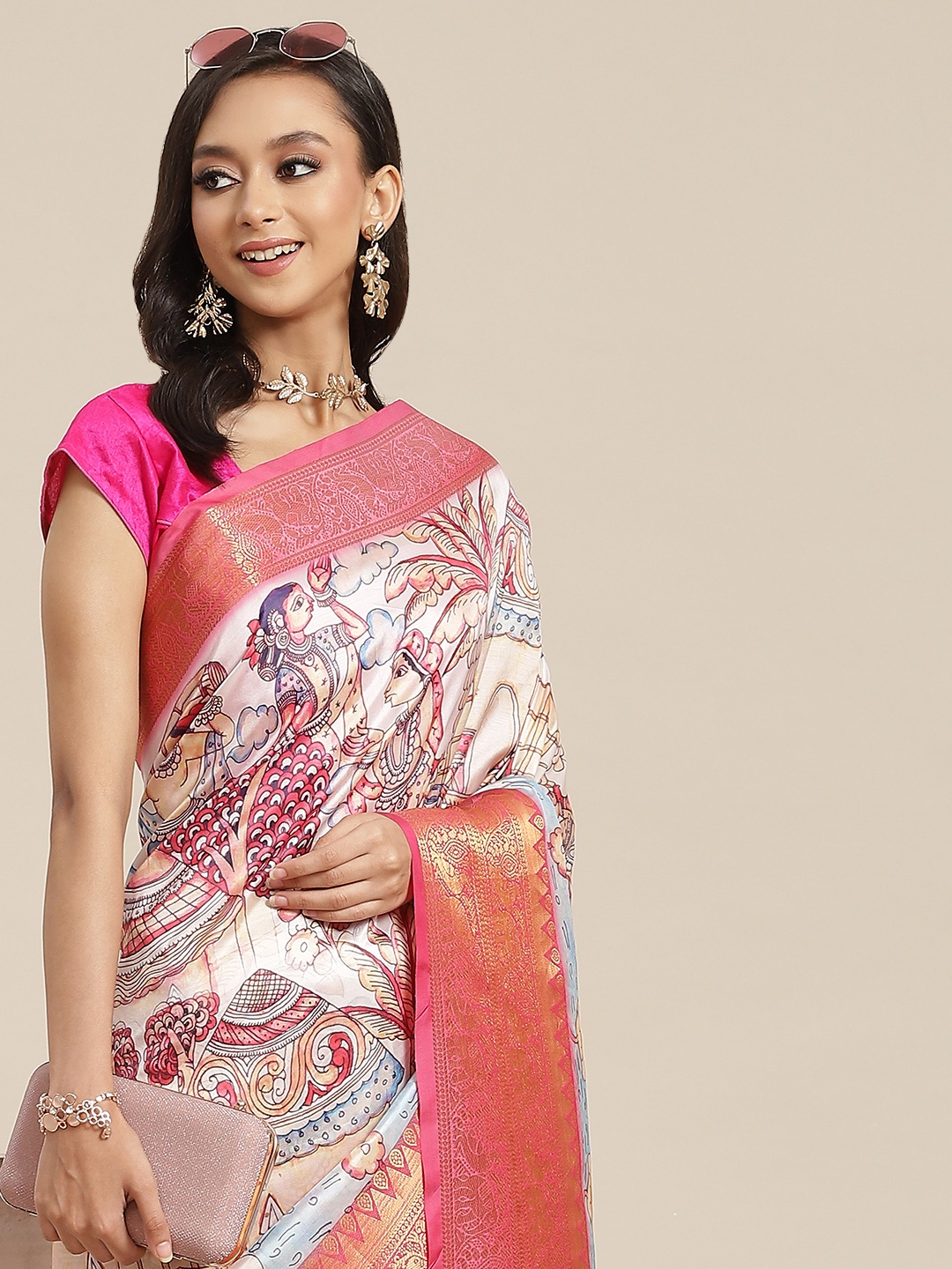 

Silk Land Ethnic Motifs Banarasi Silk Woven With Digital Print Saree, White