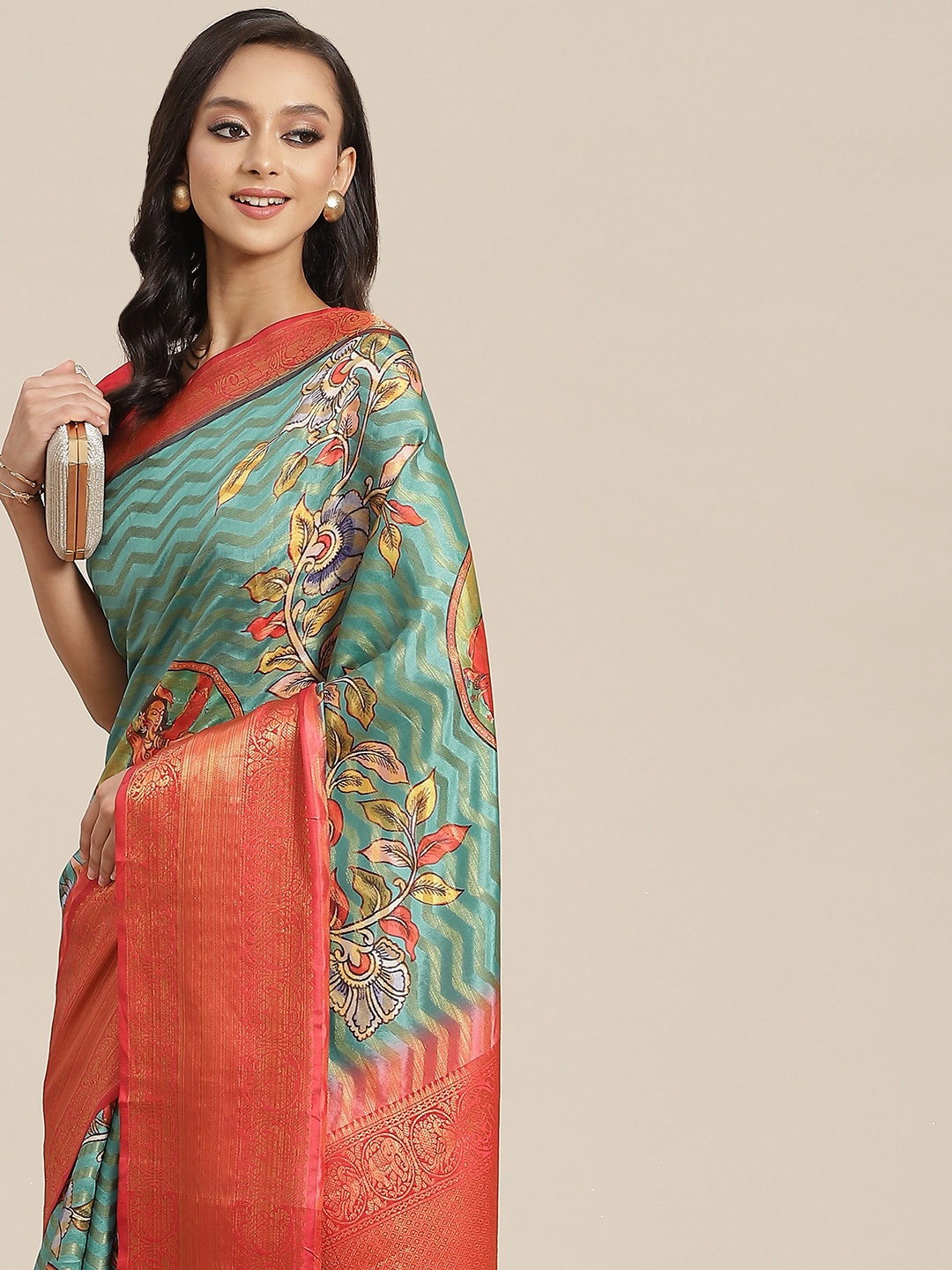 

Silk Land Teal Green & Red Ethnic Motifs Zari Art Silk Banarasi Saree