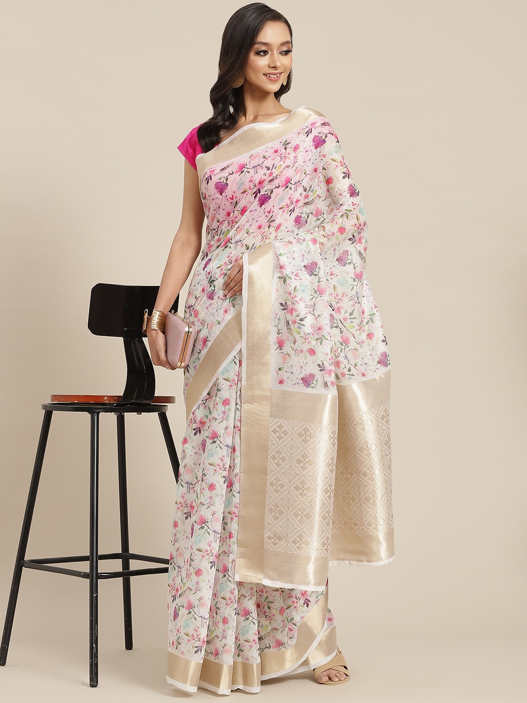 

Silk Land White & Pink Floral Zari Silk Cotton Saree