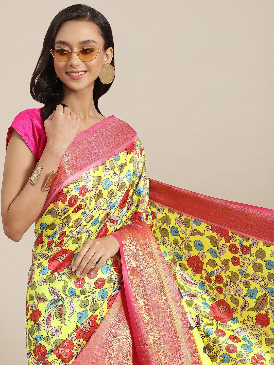 

Silk Land Ethnic Motifs Banarasi Silk Woven With Digital Print Saree, Yellow