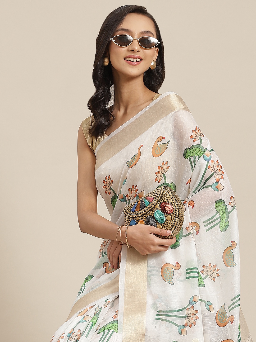 

Silk Land White Ethnic Motifs Zari Silk Cotton Saree
