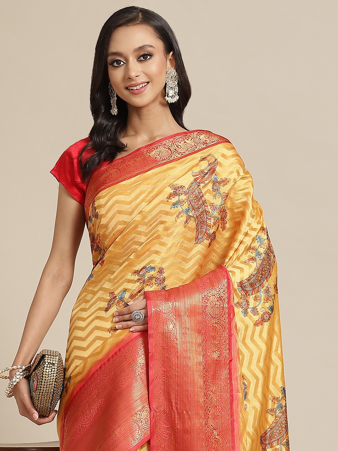 

Silk Land Ethnic Motifs Woven Banarasi Silk With Digital Print Saree, Yellow