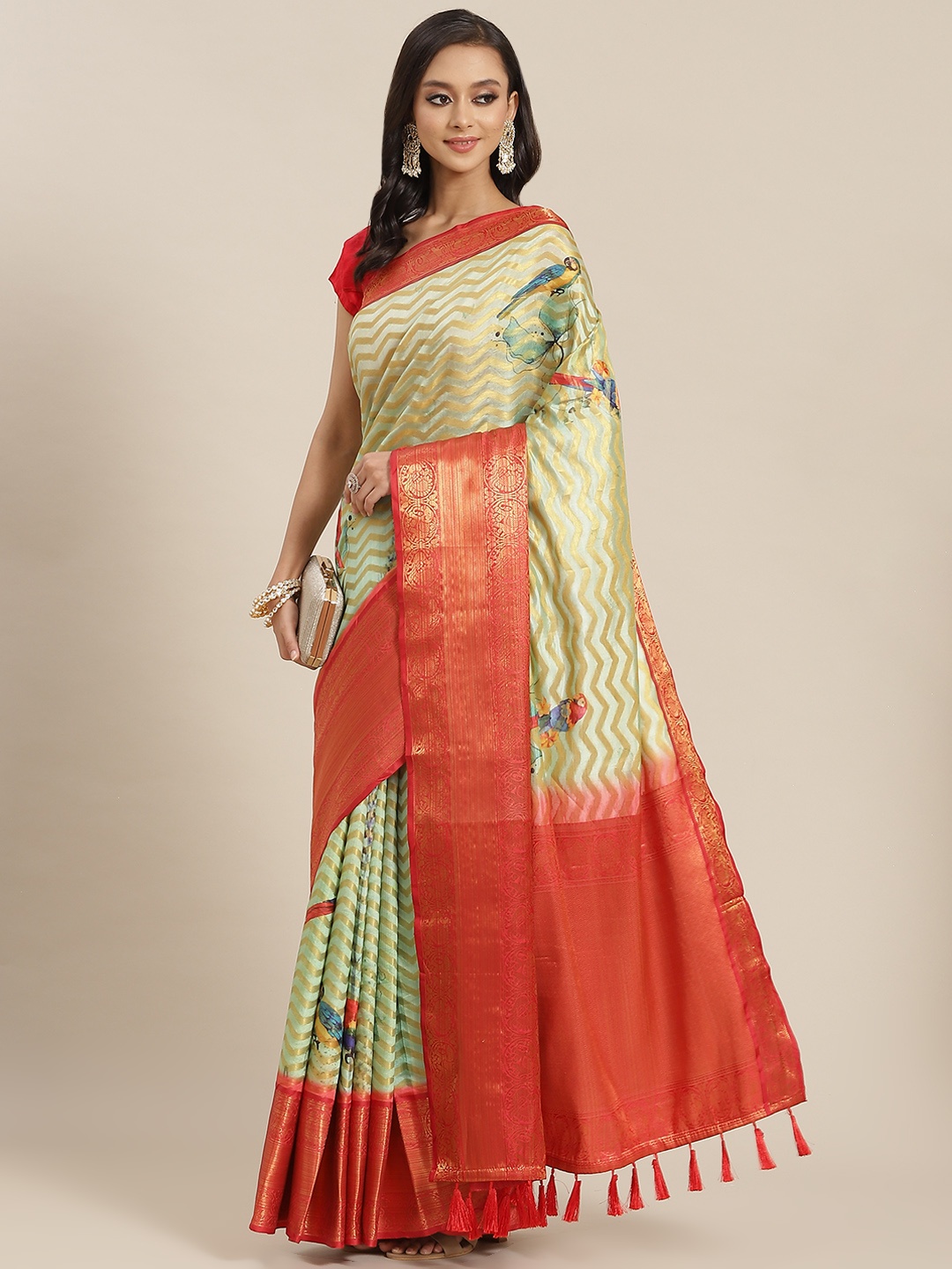 

Silk Land Green & Red Zari Art Silk Banarasi Saree