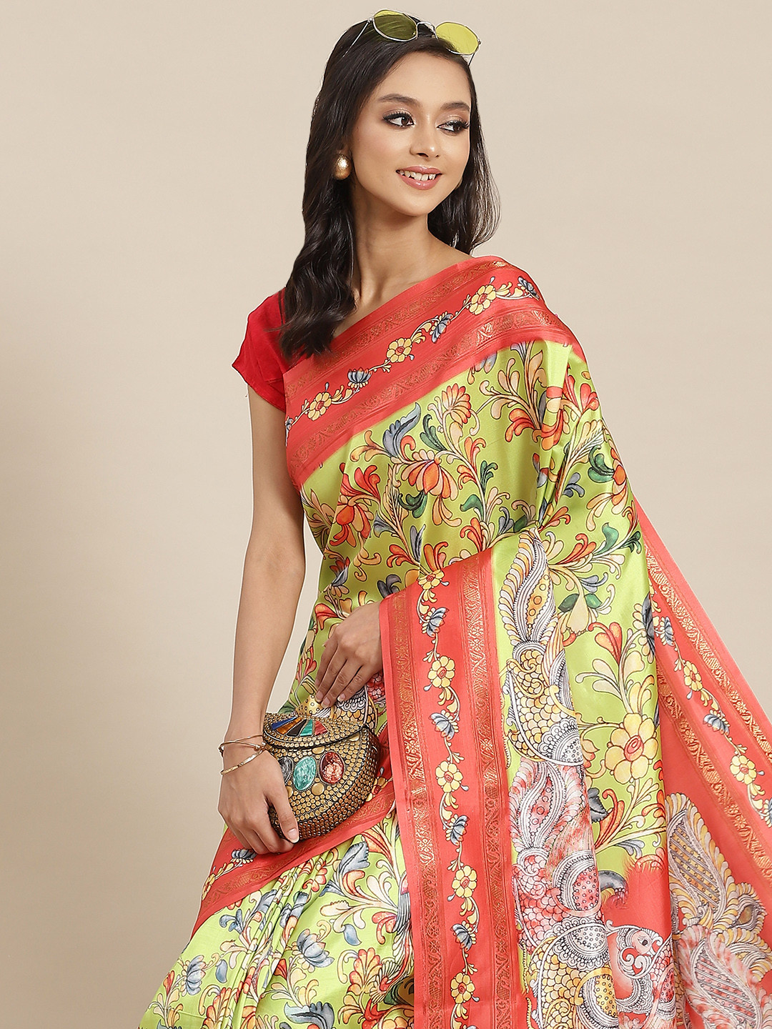 

Silk Land Green & Orange Ethnic Motifs Zari Art Silk Banarasi Saree