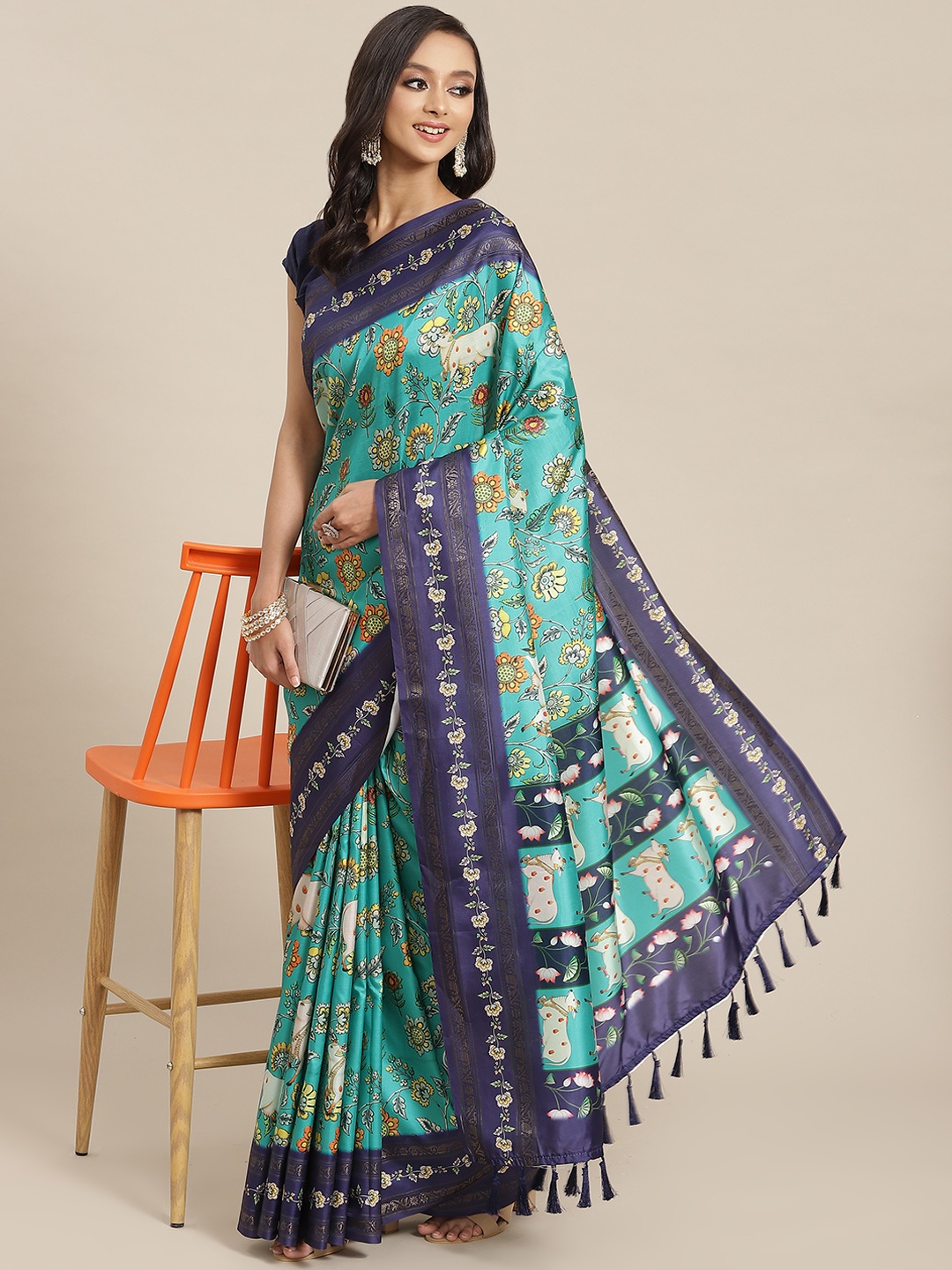 

Silk Land Ethnic Motifs Banarasi Art Silk Woven With Digital Print Saree, Blue