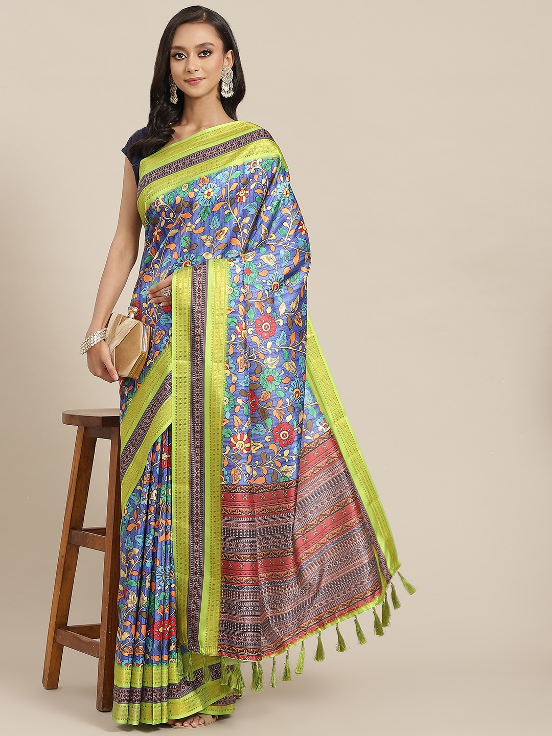 

Silk Land Blue & Green Ethnic Motifs Zari Art Silk Banarasi Saree