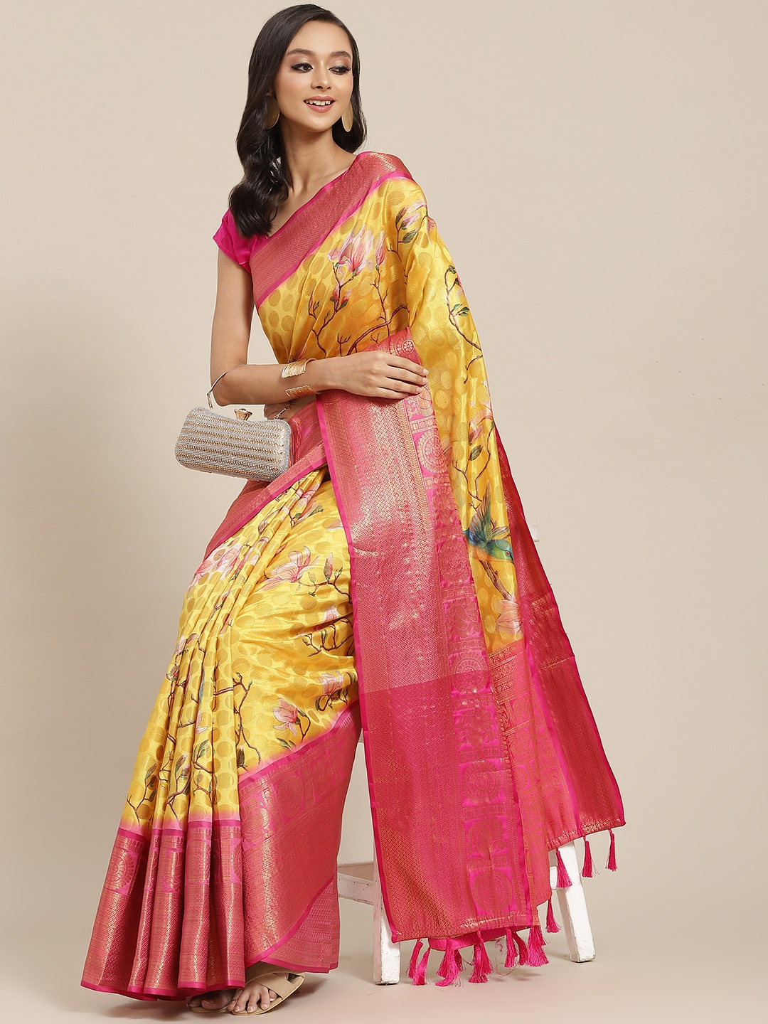 

Silk Land Ethnic Motifs Banarasi Art Silk Woven With Digital Print Saree, Yellow
