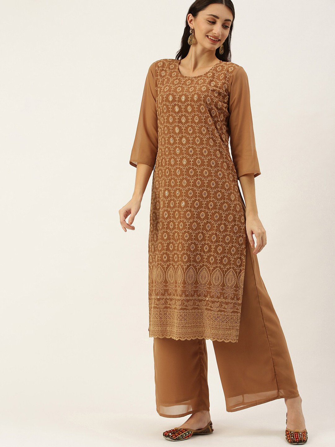 

SWAGG INDIA Women Mustard Yellow Embroidered Kurta with Palazzo Set