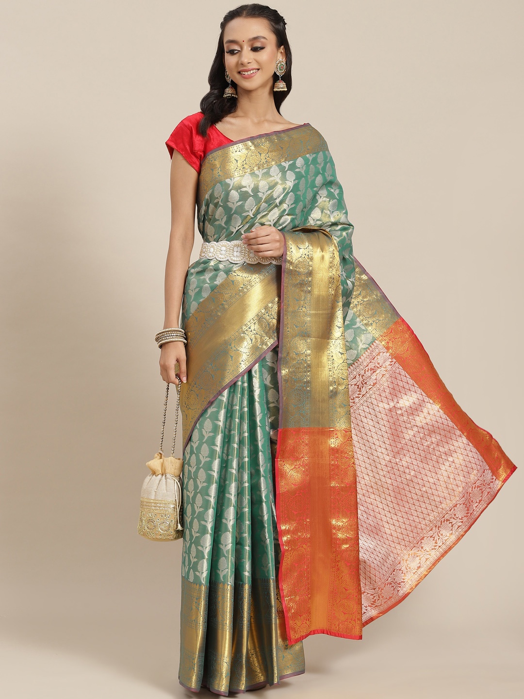 

Silk Land Green & Orange Ethnic Motifs Zari Brocade Banarasi Saree
