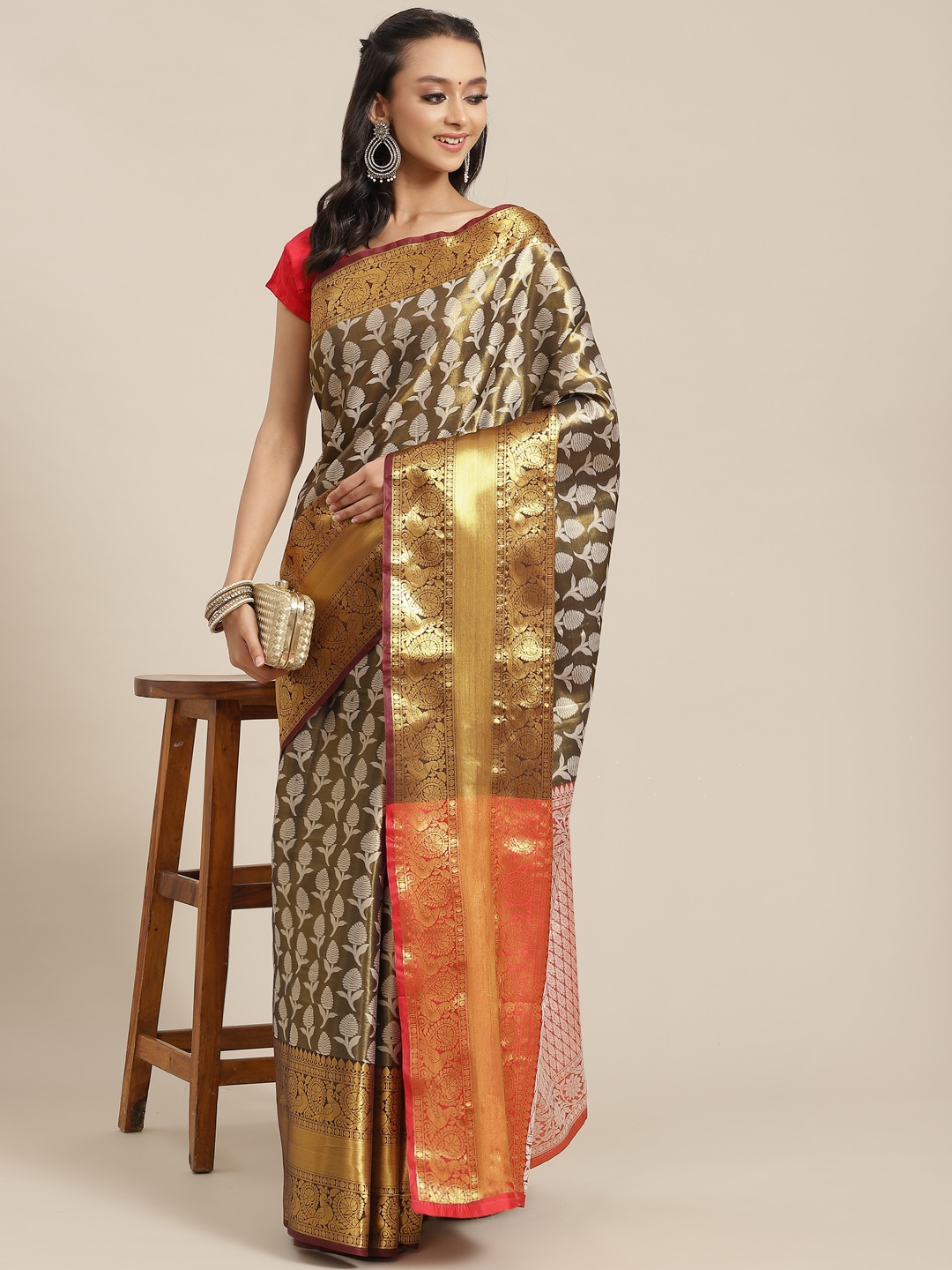 

Silk Land Olive Green & Orange Ethnic Motifs Zari Brocade Banarasi Saree