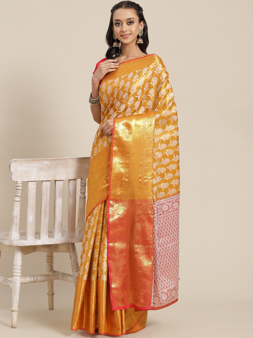 

Silk Land Mustard Yellow Ethnic Motifs Zari Brocade Banarasi Saree