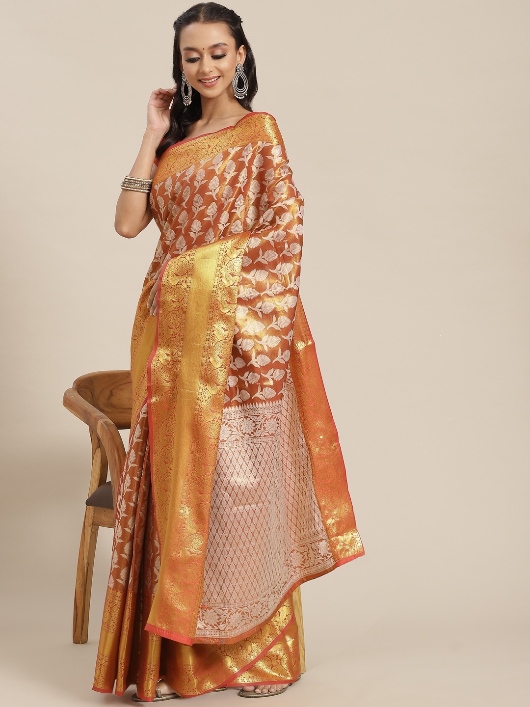 

Silk Land Red & Orange Ethnic Motifs Zari Brocade Banarasi Saree