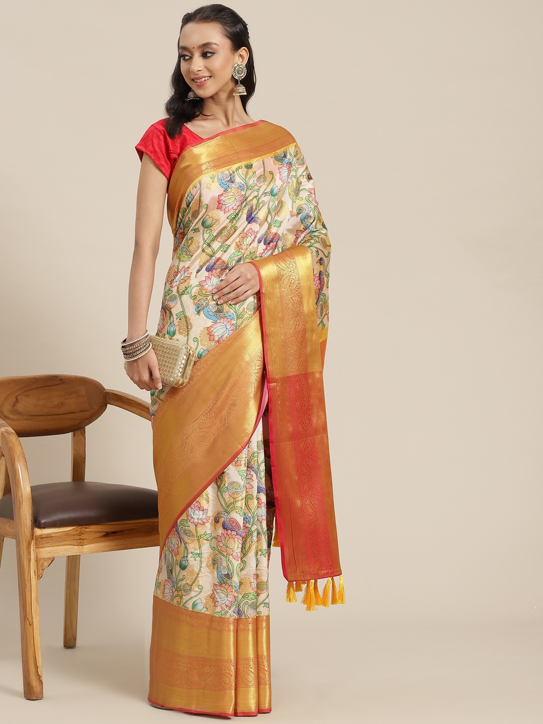 

Silk Land Ethnic Motifs Woven Banarasi Silk With Digital Print Saree, White